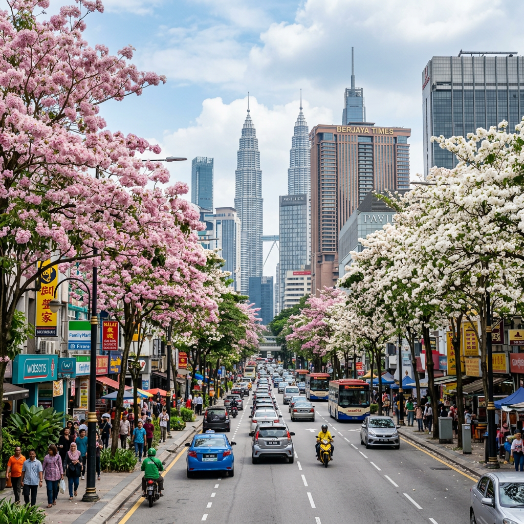 Urban street with traffic and pedestrians lined by pink and white flowering trees